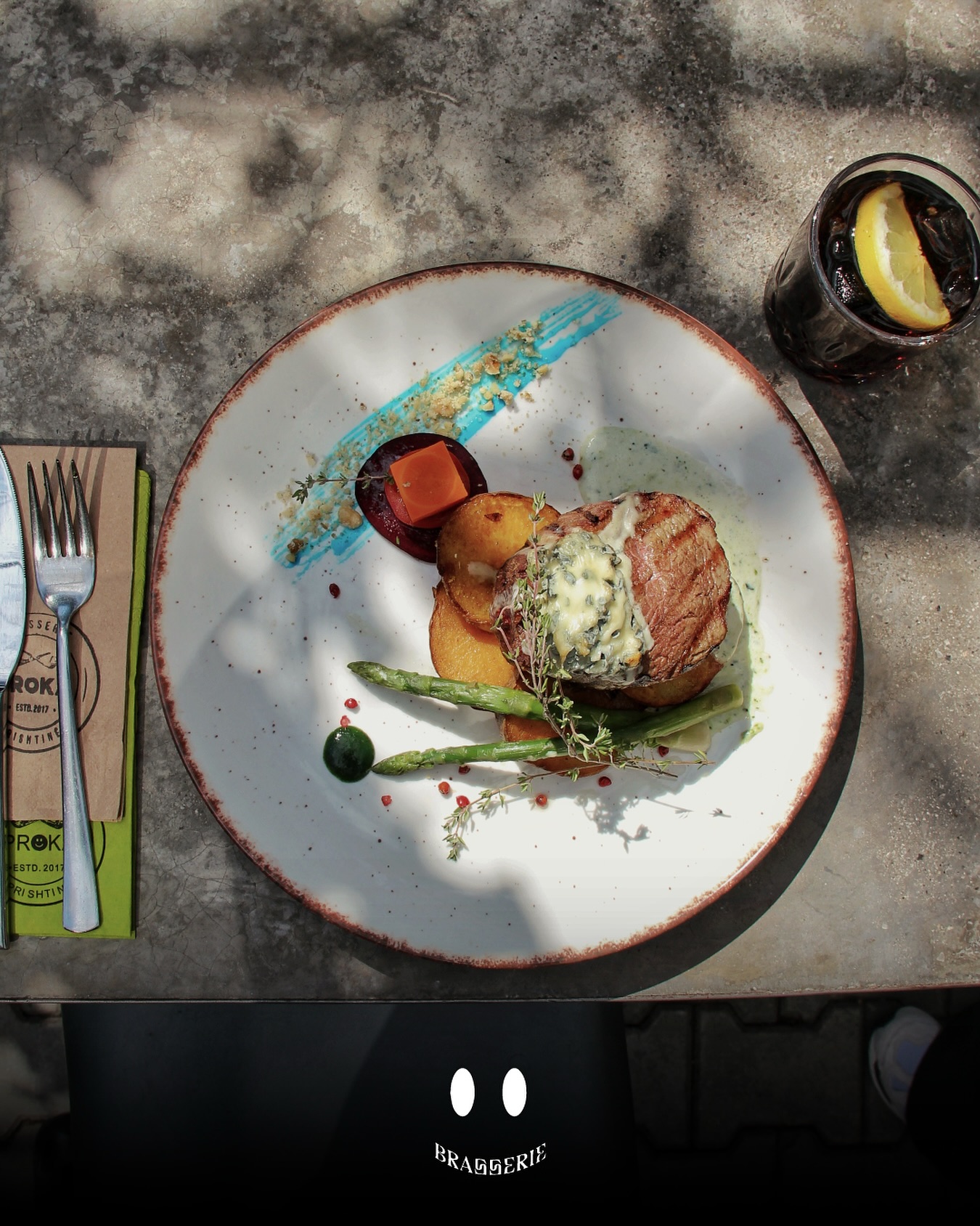 Grilled steak plated with vegetables