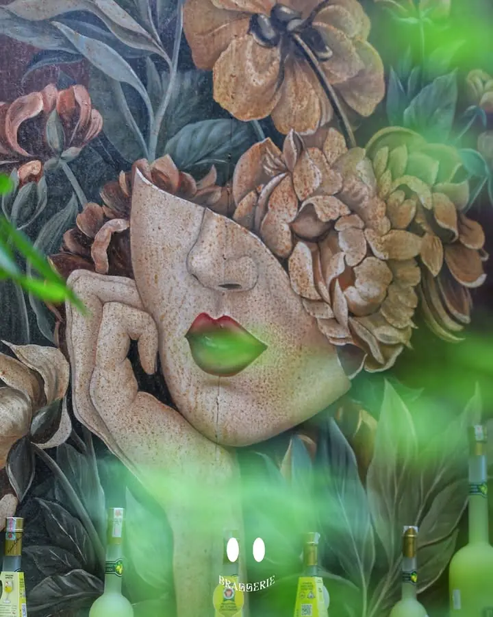 Mural i fytyrës së një gruaje mes luleve, prapa shisheve të barit
